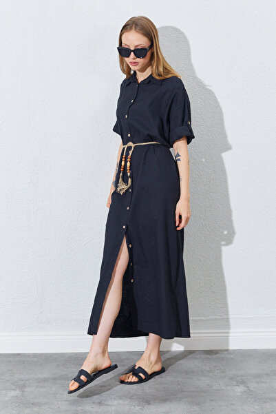 Manche Φόρεμα πουκάμισο με μακρύ μανίκι και ζώνη - Μαύρο |   Mks284905-01