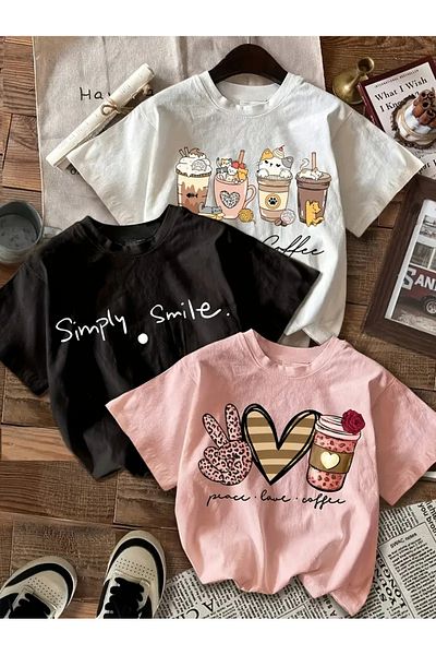 Afternoon Kids Girl's 3-Piece Pink Black White Color''Simply Smile'' Printed Sweet Comfortable Tshirt