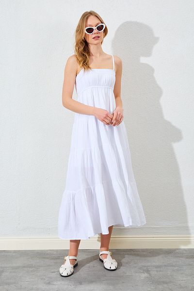 Manche Casual Muslin Women's Dress with Straps - White |   28-9744