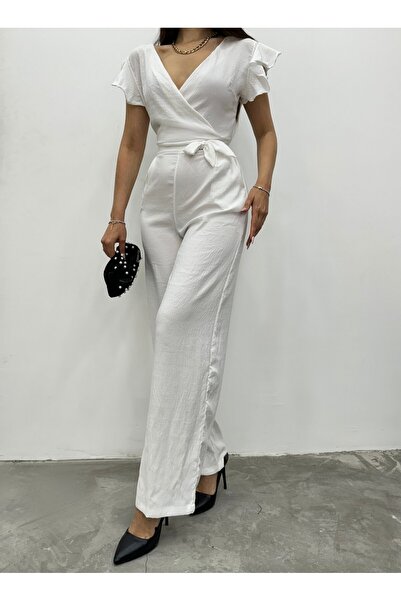 Genel Markalar Fermuar Detaylı Fırfırlı Tulum -Beyaz -COLLECTION