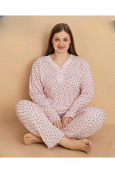 PİJAMERRY Women's Plus Size Thin Pajama Set Pijamerry Lace Collar Bamboo Long Sleeve 1Pcs