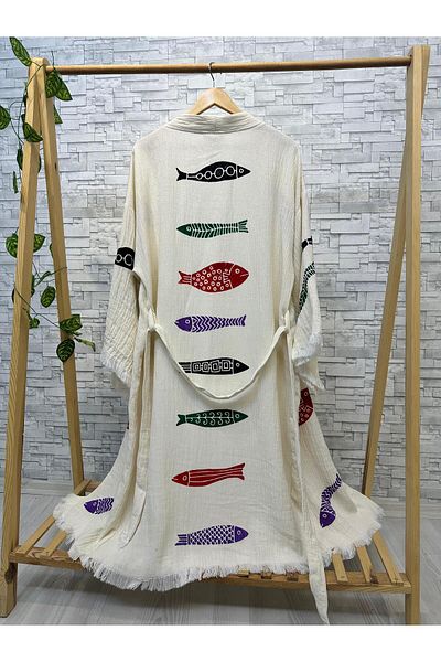 Befera Design Muslin Kimono 100% Cotton Fish Printed Patterned Bathrobe Kaftan Dressing Gown