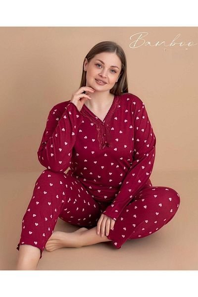 PİJAMERRY Women's Plus Size Pajamas Set Lace Collar Bamboo Long Sleeve 5547