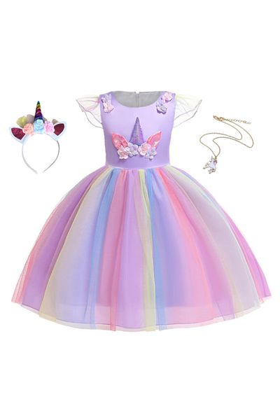 EvrikaUnity Unicorn Dress for Girls, Set with Headband and Necklace, EvrikaUnity®, 6-7 years, 140 cm, Purple