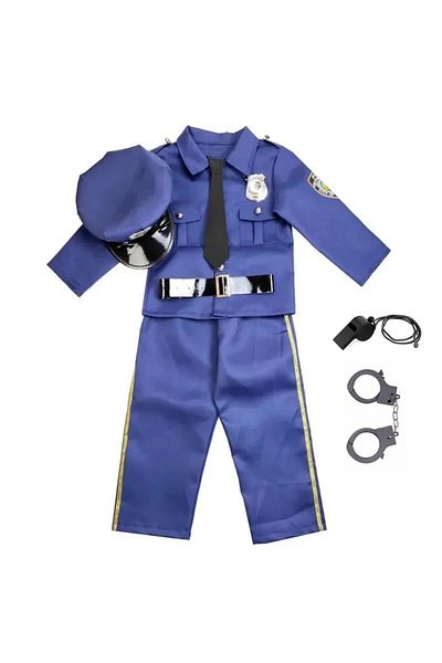 EvrikaUnity Policeman Costume for Boys, Set with Cap, Whistle and Handcuffs, 130 cm, 5-6 years, Navy Blue