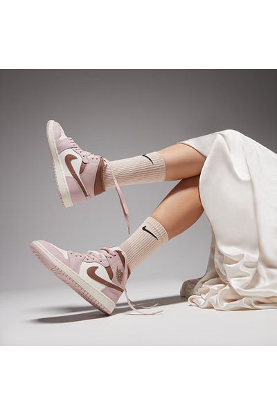 Nike Jordan 1 Mid Pink Oxford Brown (Women's) Women's Leather Sports Sneaker Shoes Bq6472-620