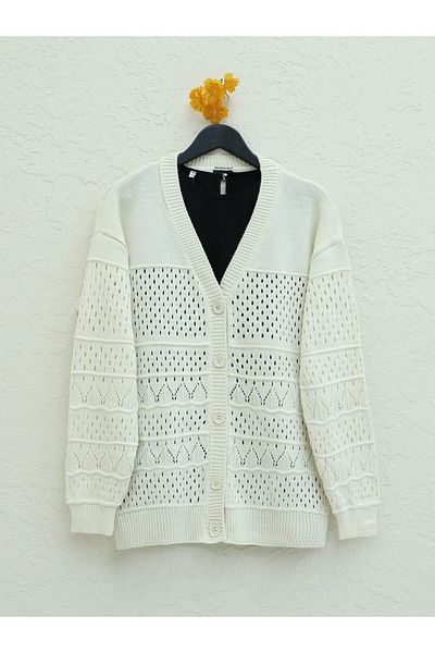 HİJABAYA Openwork Cardigan with Patterned Sleeves and Buttons