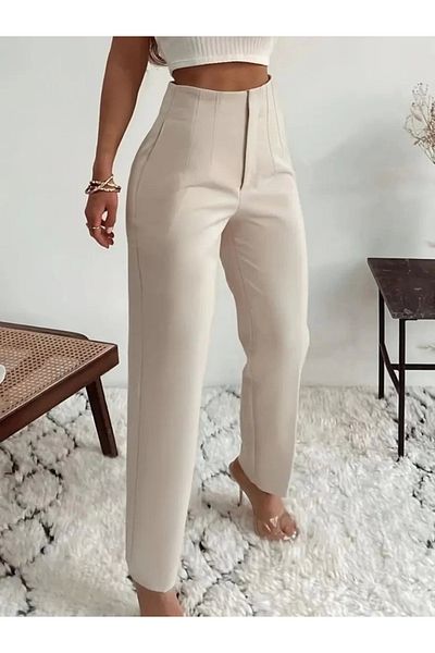 Silerra Pantaloni de damă cu talie înaltă cu fermoar în față din crepon importat