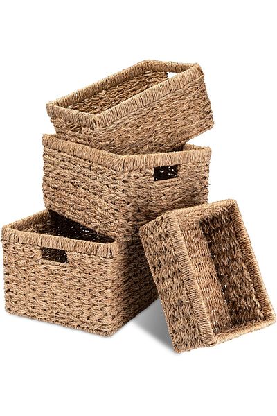 Bahçem Decorative Natural Color Seagrass Rectangular Wicker Basket Organizer Set of 4