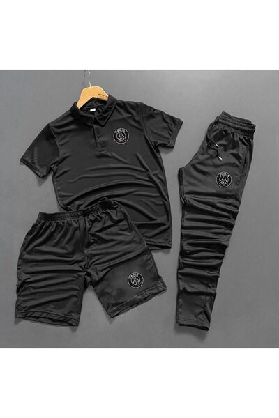 NOFLEN Erkek Baskılı 3 Lü Polo Yaka Şort Scuba Eşofman Takımı