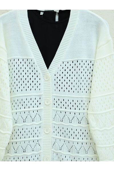 HİJABAYA Openwork Cardigan with Patterned Sleeves and Buttons