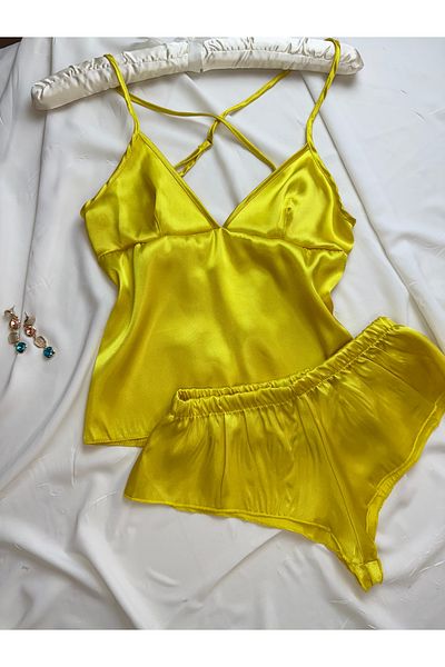 ROZENİN LINGERIE Satin Backless Strappy Hipster Shorts Nightgown Pajama Set (Dowry Custom)