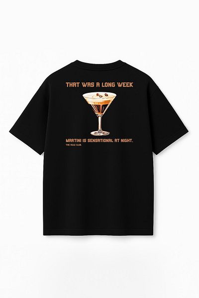 THE RULE Unisex Cocktail Printed Oversize 100% Cotton Wide Cut Textured Crew Neck Black T-Shirt Rf0513