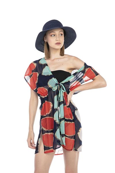 MARBERRY Navy Blue Geometric Patterned Women's Pareo Beach Dress