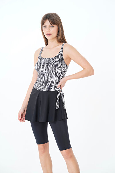 Sunsurf 2025 Kreasyonu Siyah Beyaz Desenli, Taytlı, Elbise Mayo