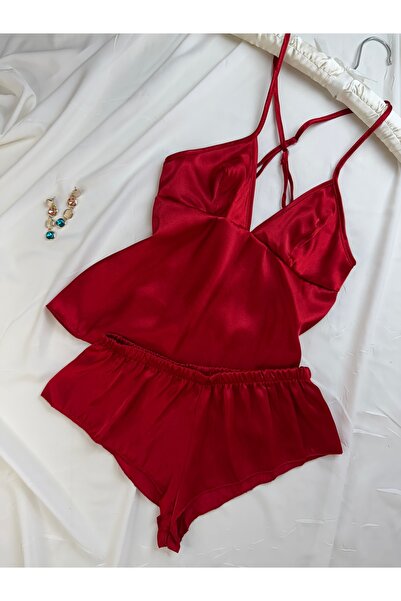 ROZENİN LINGERIE Saten Sırt Dekolteli Askılı Hipster Şortlu Gecelik Pijama Takımı (çeyiz özel)