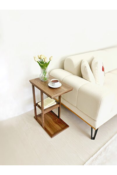 Pratic Home Ceviz Yan Sehpa C Sehpa Tekli Zigon Sehpa Laptop Sehpa Traverten-...