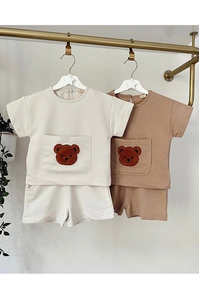 Purenestore Children's Teddy Bear Embroidered Shorts T-Shirt Set