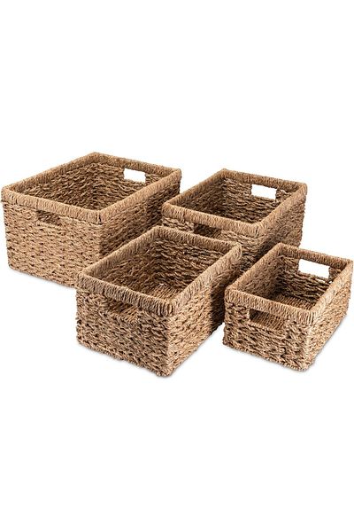 Bahçem Decorative Natural Color Seagrass Rectangular Wicker Basket Organizer Set of 4