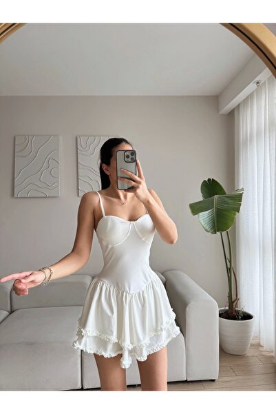 Zoom Butik Askılı Fırfır Detay Volanlı Elbise - BEYAZ