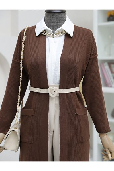 HİJABAYA Long Knitwear Cardigan with Pockets and Slits