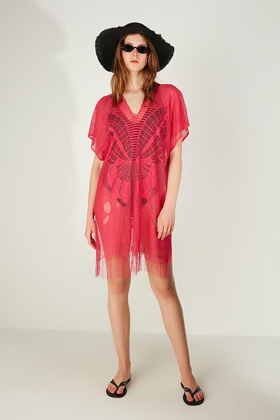 MARBERRY Fuchsia Butterfly Patterned Mesh Women's Pareo Beach Dress