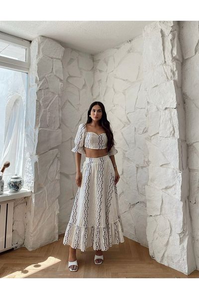 REFİŞ BUTİK VE AKSESUAR Balloon Sleeve Crop Top Skirt Set