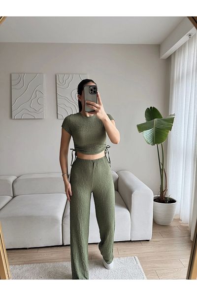Zoom Butik طقم بنطال وبنطلون برباط على الخصر - كاكي