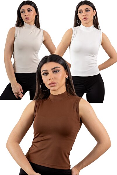 KHAB PREMİUM نصف الياقة المدورة بلا أكمام 3 قطعة ليكرا الجسم