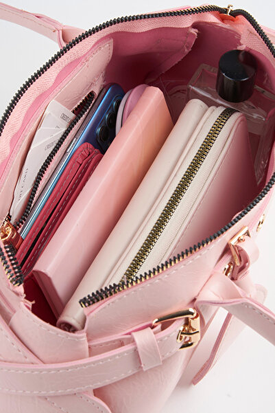 Vivaq Women's Pink Broken Shiny Faux Leather Baguette Design Belted Zipper Closure Handbag