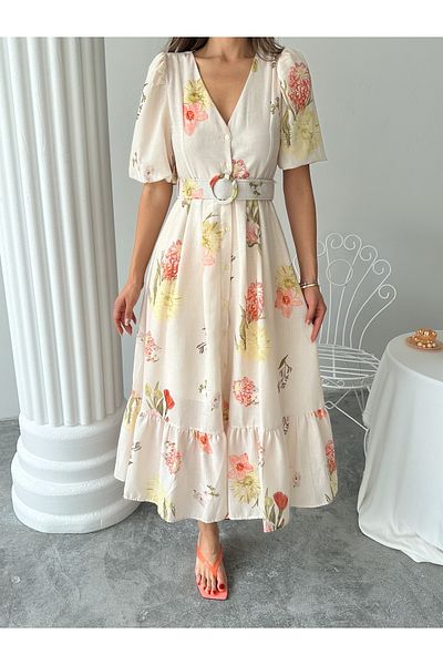 Lusin Women's Stone Embroidered Patterned Premium Lined Linen Dress