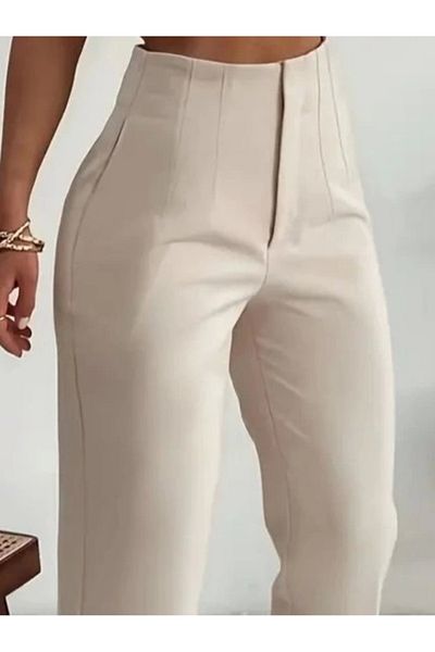 Silerra Pantaloni de damă cu talie înaltă cu fermoar în față din crepon importat