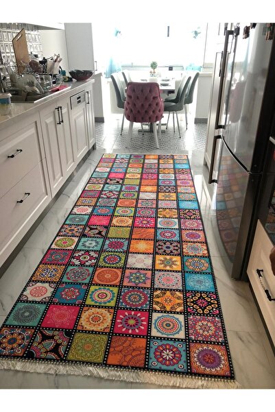 CENTER AVM Renkli Halı Yıkanabilir Kaymaz Taban Mutfak Halısı Koridor Halısı ...