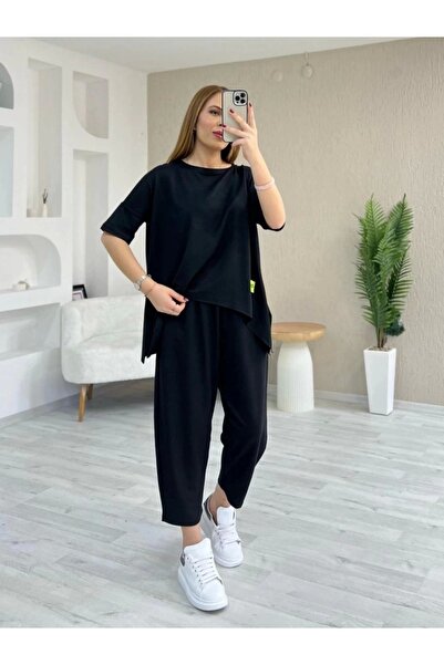 Serero Women's Short Sleeve Crew Neck Viscose Two Thread Blouse and Pants Double Set