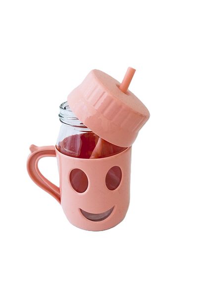 Dinçkan 370Cc Gülenyüz Glass Cup with Straw and Handle /D-331 -Bpa Free-Pink