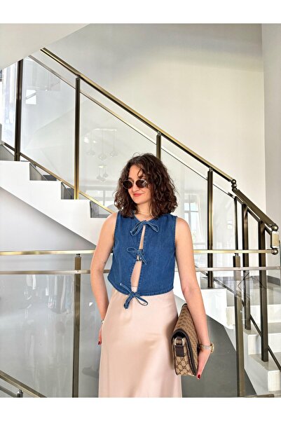 Sude Kızanlıklı Τζιν γιλέκο με λεπτομέρεια δεσίματος στο μπροστινό μέρος