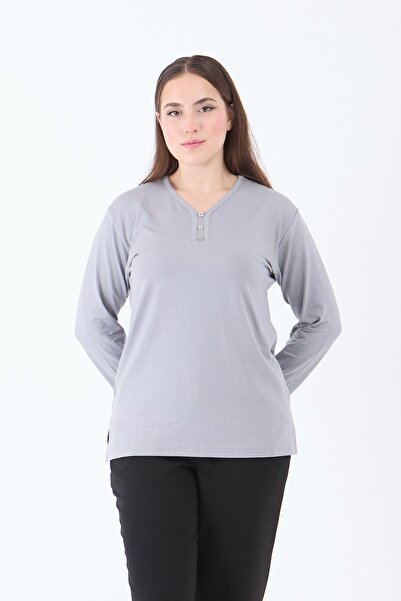 Ravencia Women's Middle Age and Above V-Neck Lycra Gray Mother Combed Cotton Blouse