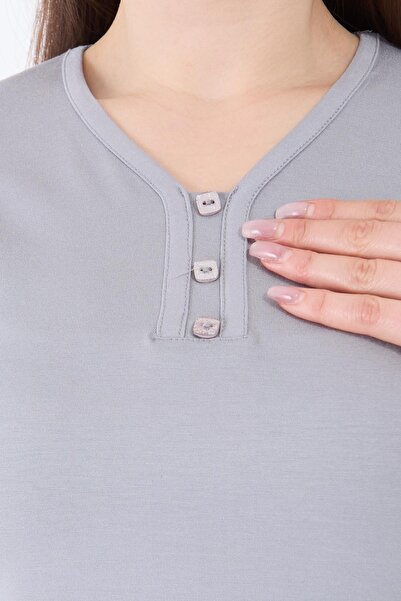 Ravencia Women's Middle Age and Above V-Neck Lycra Gray Mother Combed Cotton Blouse