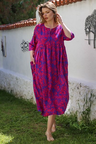 Chiccy Fuchsia Round Neck Short Sleeve Floral Button Double Pocket Allover Printed Woven Dress 120 55