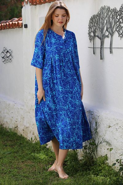 Chiccy Blue Round Neck Short Sleeve Floral Button Double Pocket Allover Printed Woven Dress 120 55
