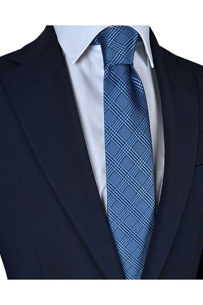 1001 Kravat Navy Blue Colored Plaid Patterned 7 cm Wide Thin Tie