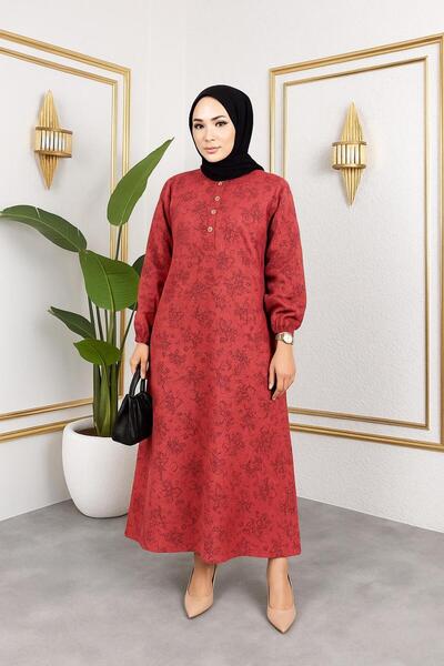 sd butique Kalın Kışlık Desenli Tesettür Elbise - Düğmeli, Uzun, Rahat Kalıp ...