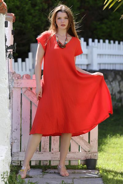 Chiccy Pomegranate V-Neck Low Sleeve Casual Muslin Woven Dress Flared Skirt 115 63