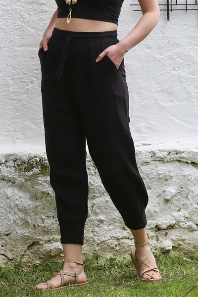 Chiccy Black Pocketed Elastic and Tie Waist Shalwar Casual Muslin Woven Trousers 100 65