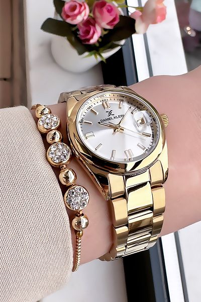 Daniel Klein Women's Vintage Gold Tone Wrist Watch with Gift Bracelet and Steel Cord