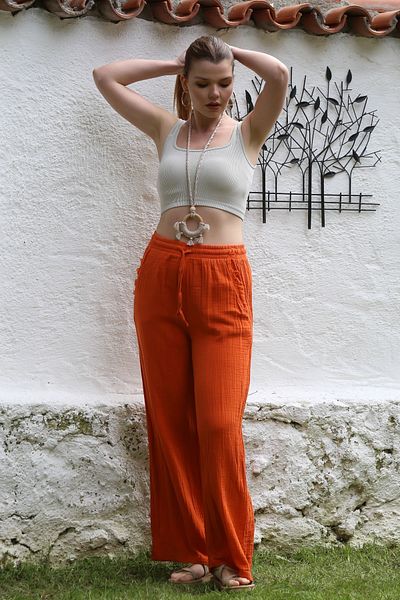 Chiccy Orange Pocket Dirty Stitched Elastic Waist Wide Leg Casual Muslin Woven Trousers 118 65