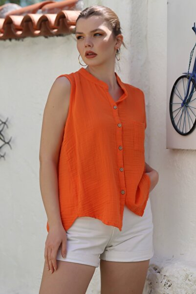 Chiccy Orange Judge Collar Sleeveless Buttoned Single Pocket Casual Muslin Woven Blouse 68 60