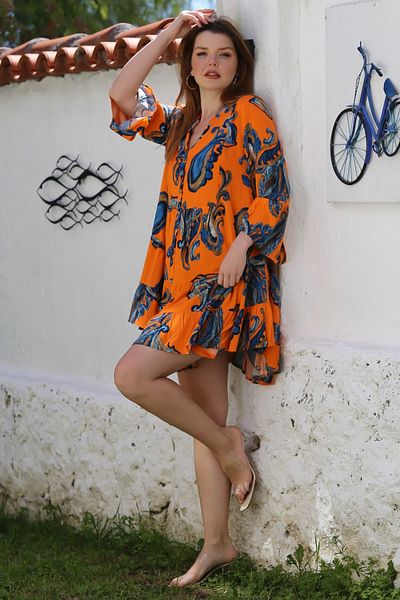 Chiccy Orange V-Neck Ruffle Sleeve Paisley Pattern Button Skirt Ruffle Casual Viscose Woven Dress 95 60