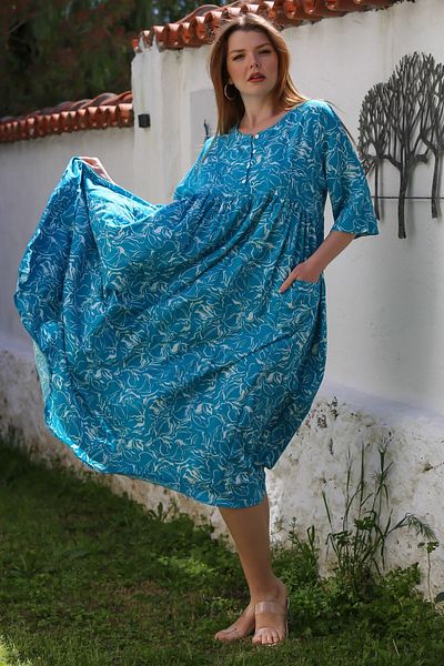 Chiccy Turquoise Round Neck Short Sleeve Floral Button Double Pocket Allover Printed Woven Dress 120 55