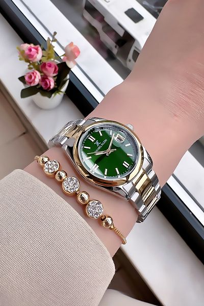 Daniel Klein Vintage Women's Wristwatch - Gold Silver Green Steel Band Gift Bracelet